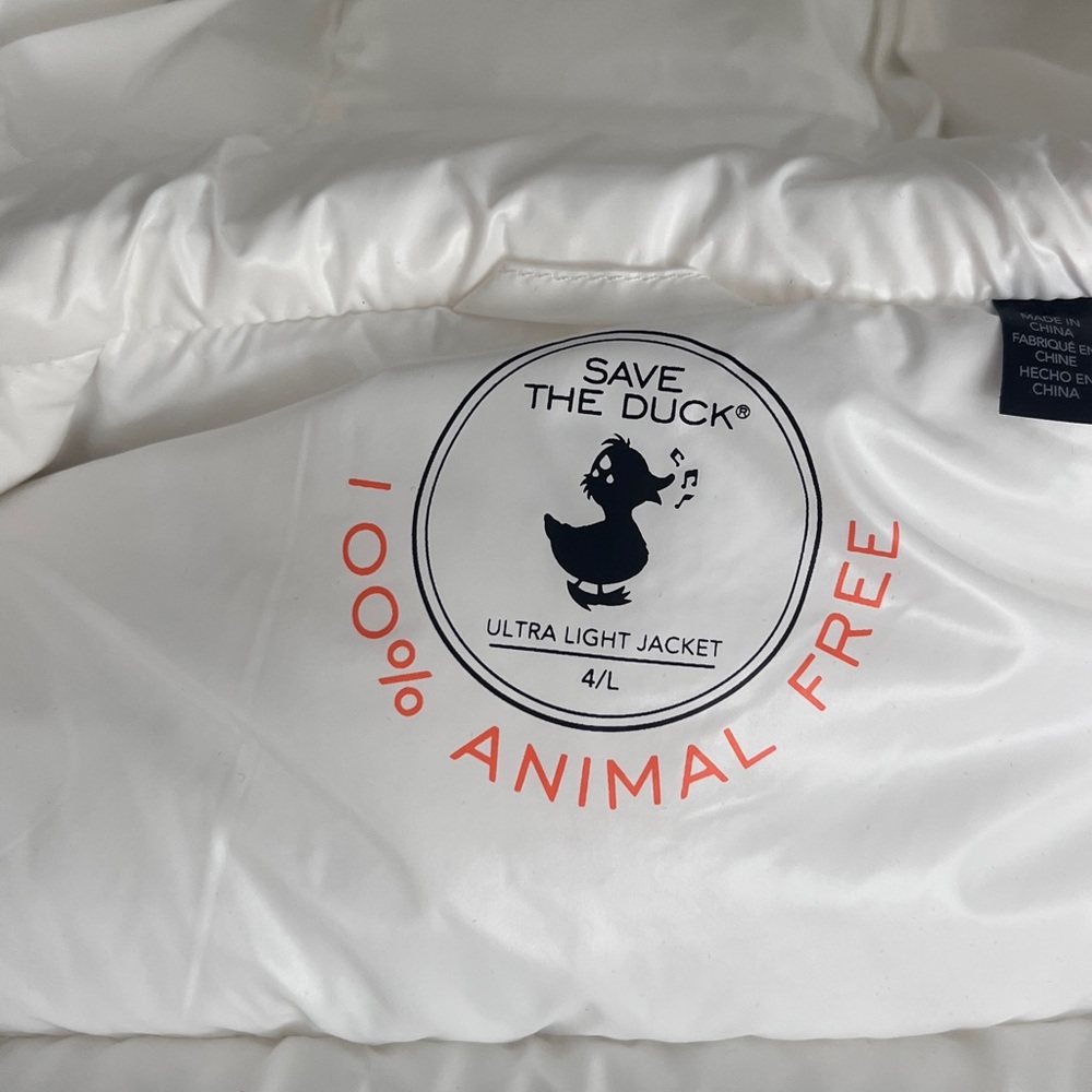 Save The Duck Women's White Hooded Puffer Coat Size L - Picture 8 of 9